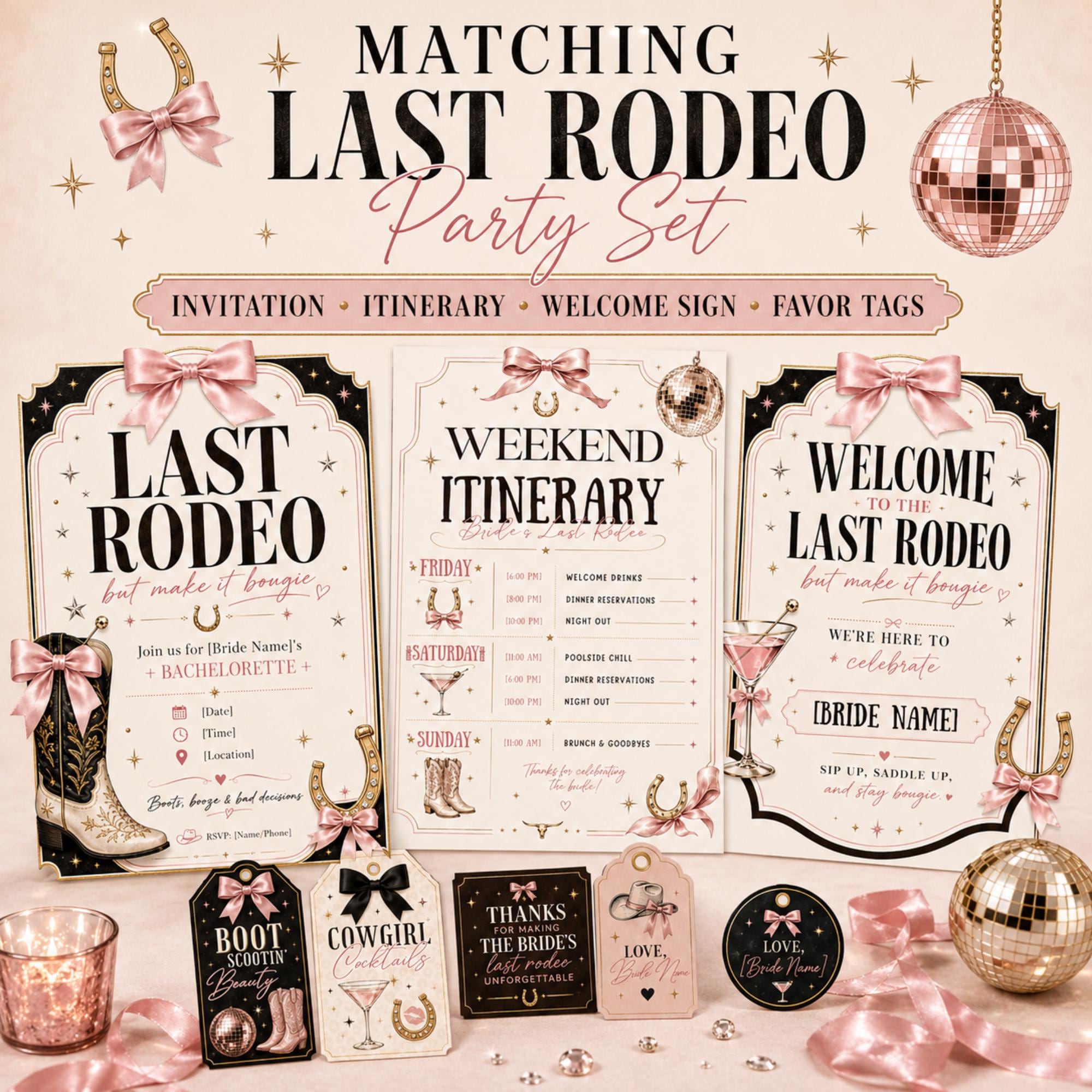 Matching Last Rodeo bachelorette party set with invitation, itinerary, welcome sign and western-themed favor tags.