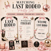 Matching Last Rodeo bachelorette party set with invitation, itinerary, welcome sign and western-themed favor tags.