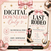 Last Rodeo bachelorette digital invitation template with pink bow, cowboy boot, horseshoe and cocktail illustrations.