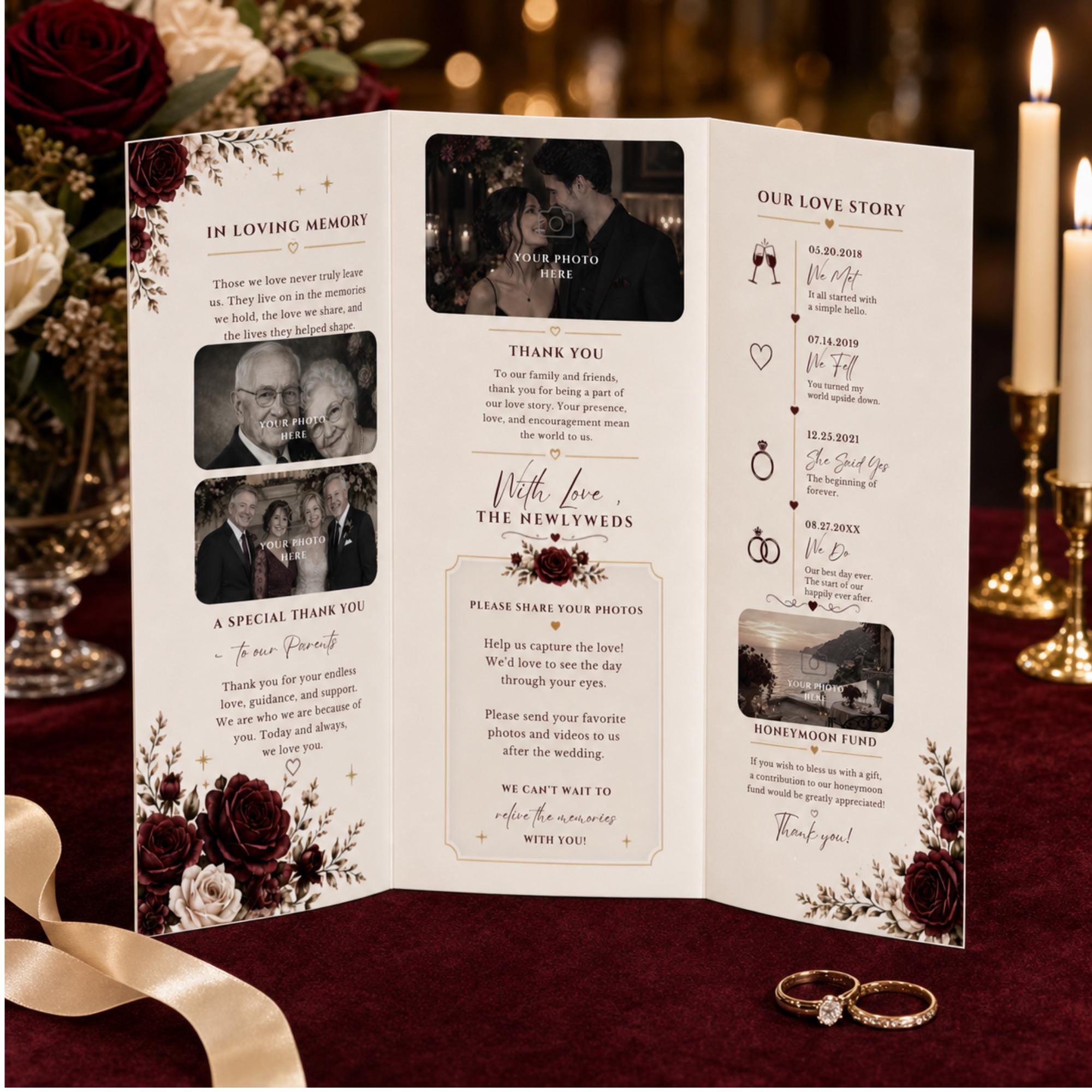 Folded wedding ceremony brochure standing on burgundy velvet beside candles, wedding rings and burgundy floral arrangements.