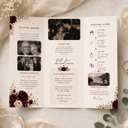 Wedding brochure back design with memorial photos, newlywed thank-you message, love story timeline and honeymoon fund section.