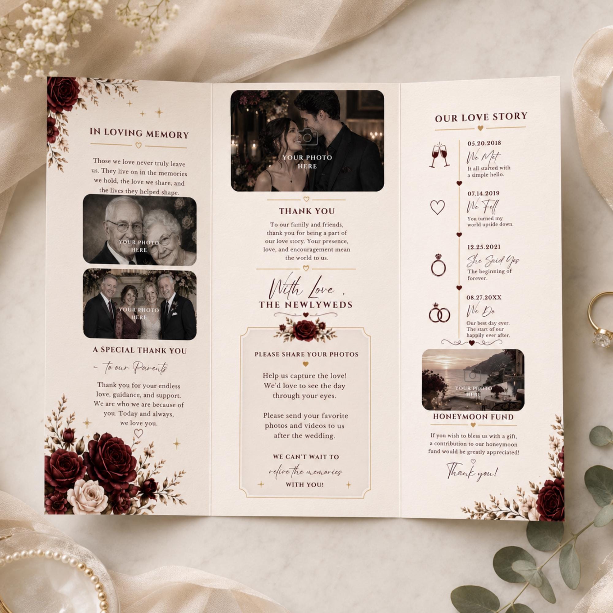 Wedding brochure back design with memorial photos, newlywed thank-you message, love story timeline and honeymoon fund section.