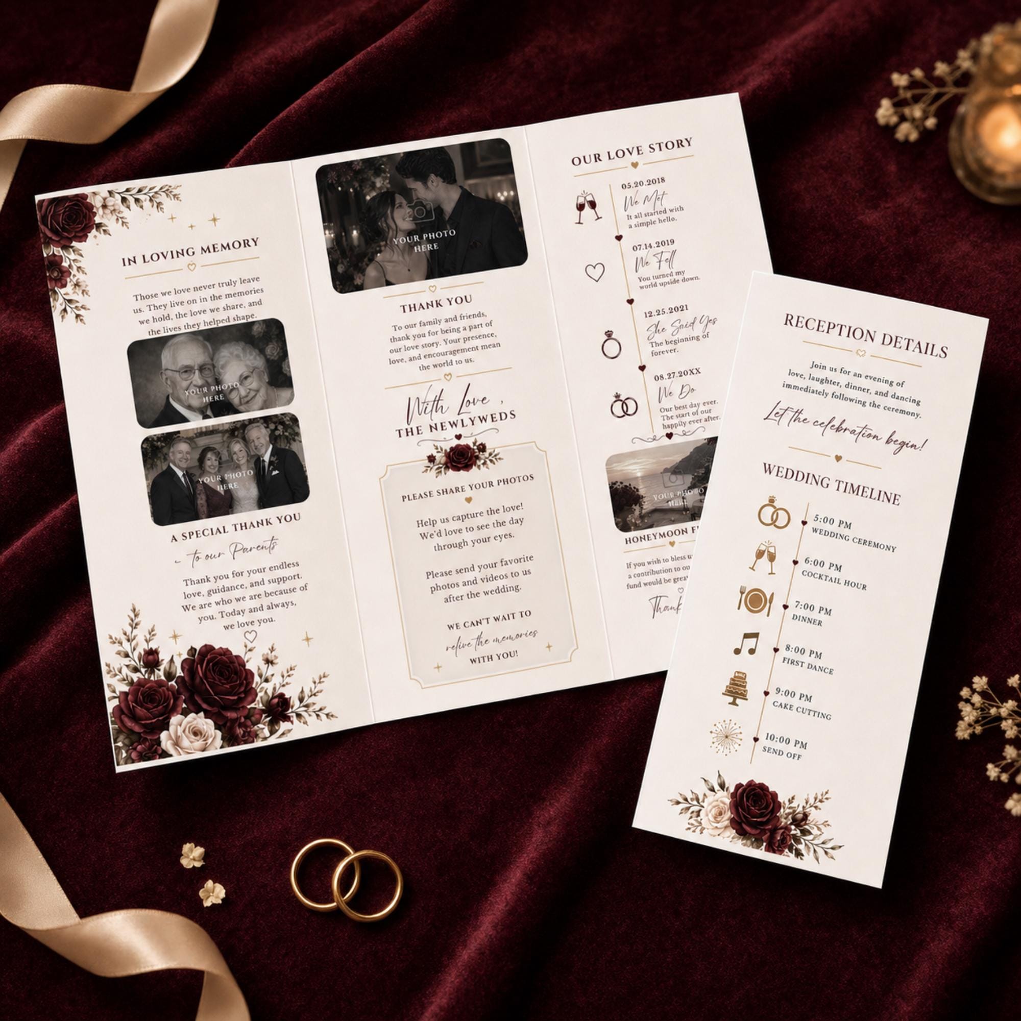 Wedding brochure flat lay on burgundy velvet with photo panels, love story section and separate reception timeline insert.