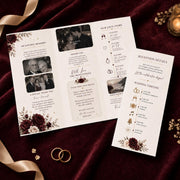 Wedding brochure flat lay on burgundy velvet with photo panels, love story section and separate reception timeline insert.