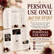 Personal-use notice for an editable wedding ceremony brochure stating the digital template cannot be resold, shared or redistributed.