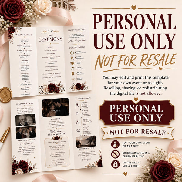 Personal-use notice for an editable wedding ceremony brochure stating the digital template cannot be resold, shared or redistributed.