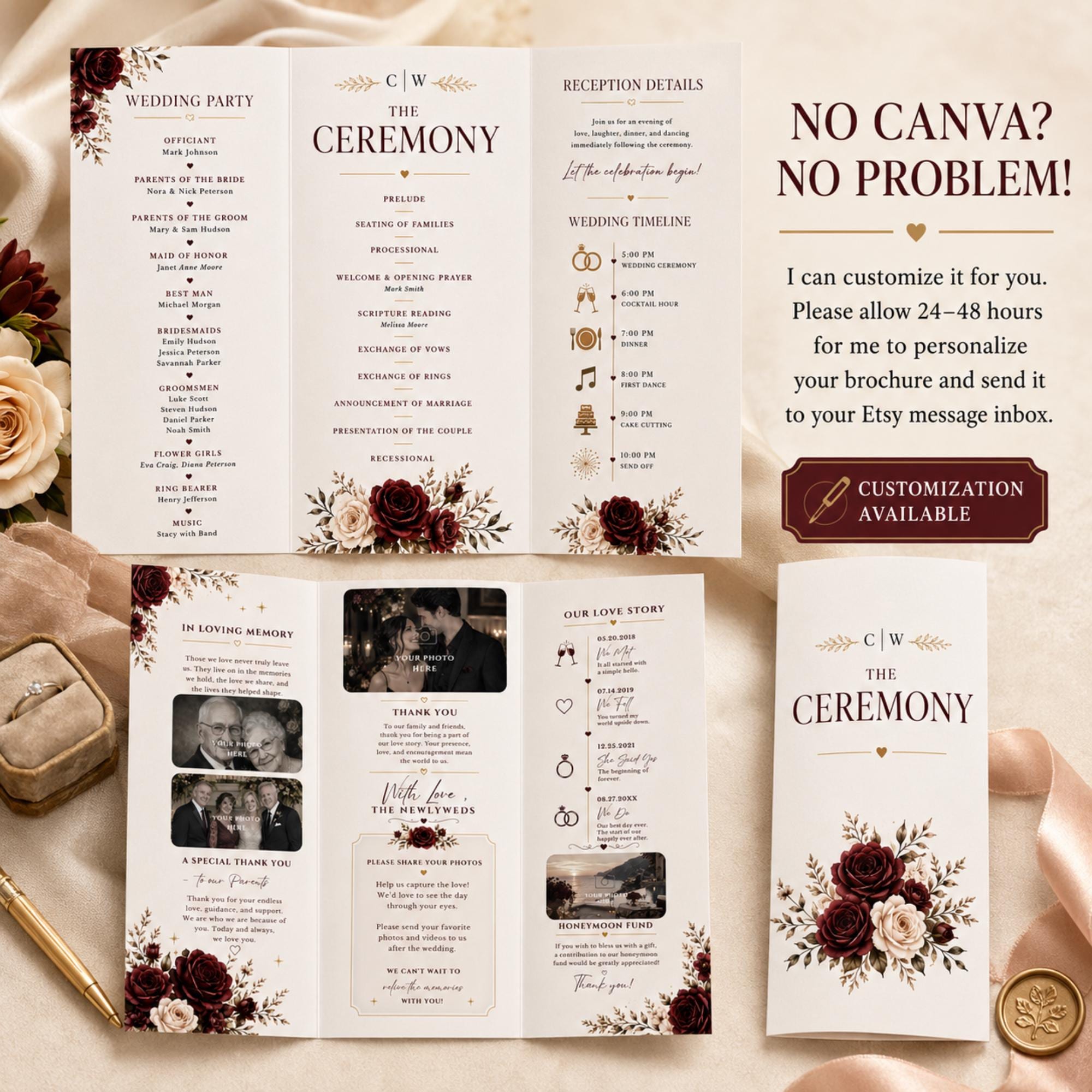 Wedding ceremony brochure with Canva customization service information, front and back layouts and burgundy rose details.