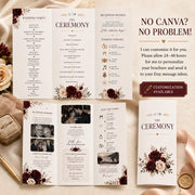 Wedding ceremony brochure with Canva customization service information, front and back layouts and burgundy rose details.
