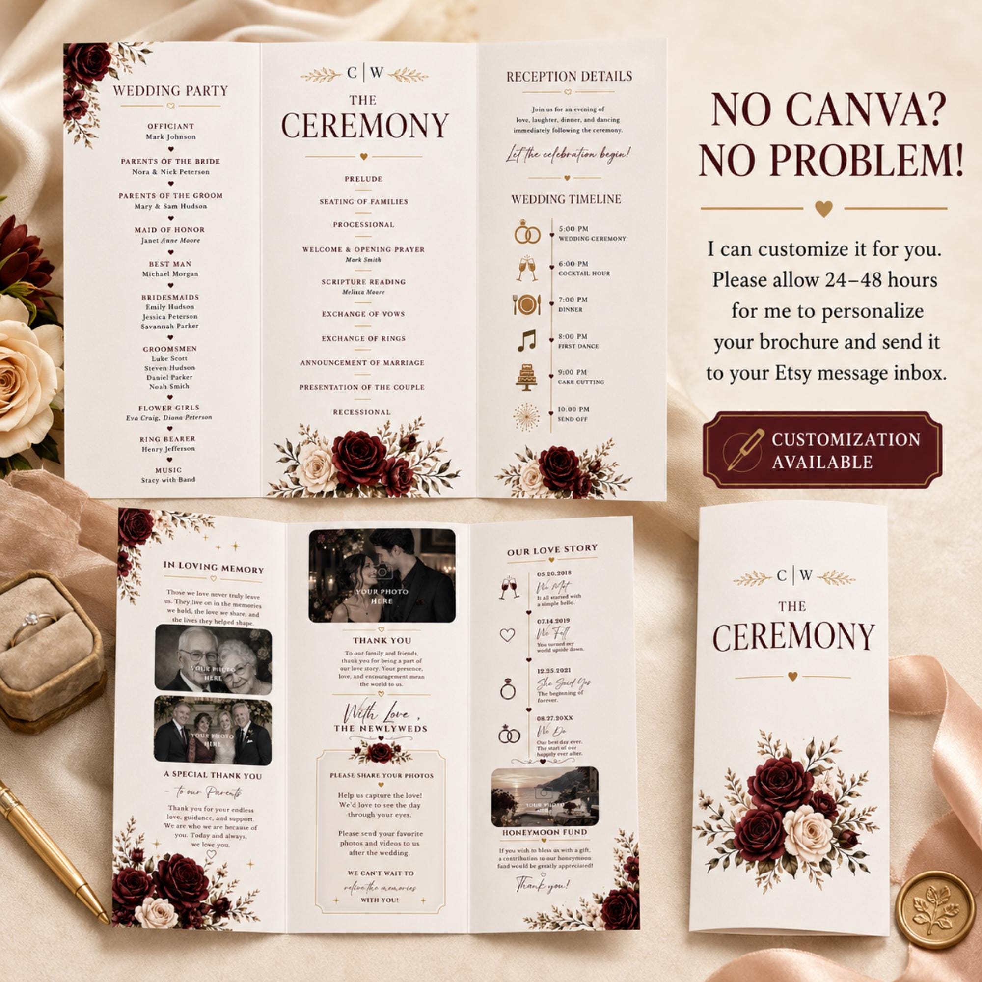 Wedding ceremony brochure with Canva customization service information, front and back layouts and burgundy rose details.