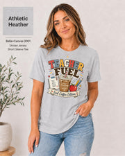 Funny Teacher Fuel shirt featuring iced coffee, apple, notebook, pencils, and retro teacher graphics.