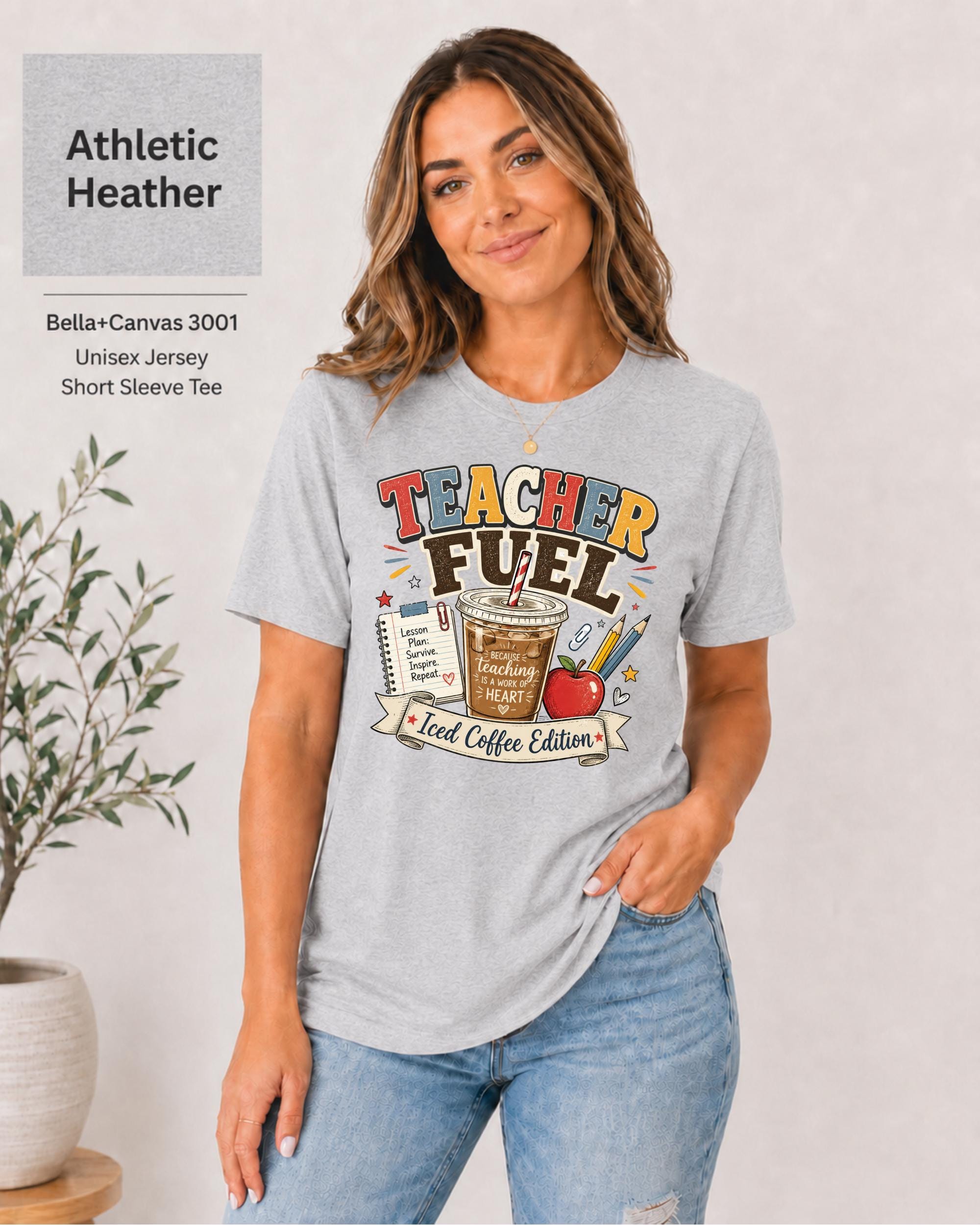 Funny Teacher Fuel shirt featuring iced coffee, apple, notebook, pencils, and retro teacher graphics.
