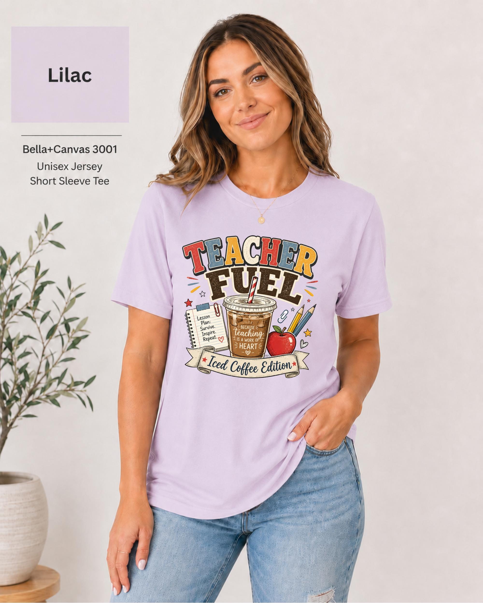 Back to school teacher t-shirt gift for coffee-loving educators shown on Bella+Canvas 3001 Lilac tee.