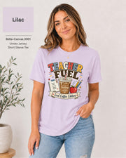 Back to school teacher t-shirt gift for coffee-loving educators shown on Bella+Canvas 3001 Lilac tee.