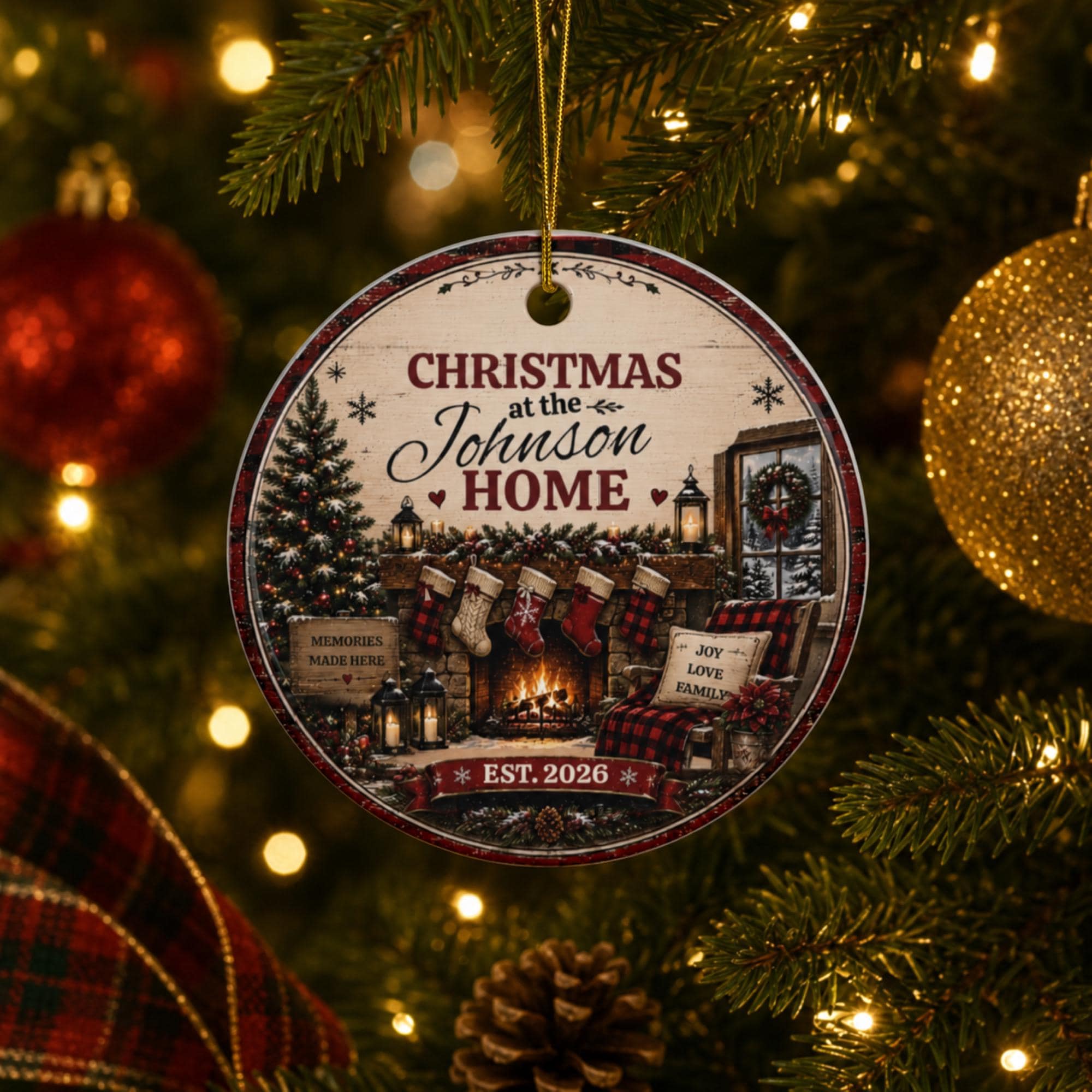 Personalized Christmas ornament featuring family name, cozy fireplace scene, and custom established year hanging on a Christmas tree.