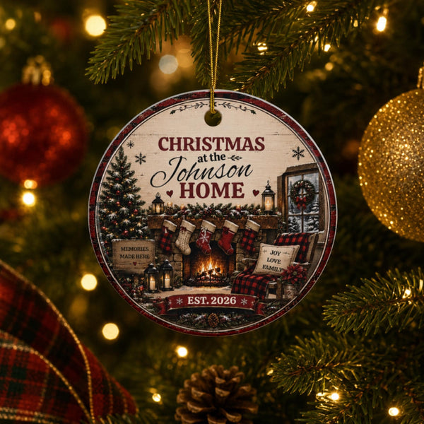 Personalized Christmas ornament featuring family name, cozy fireplace scene, and custom established year hanging on a Christmas tree.