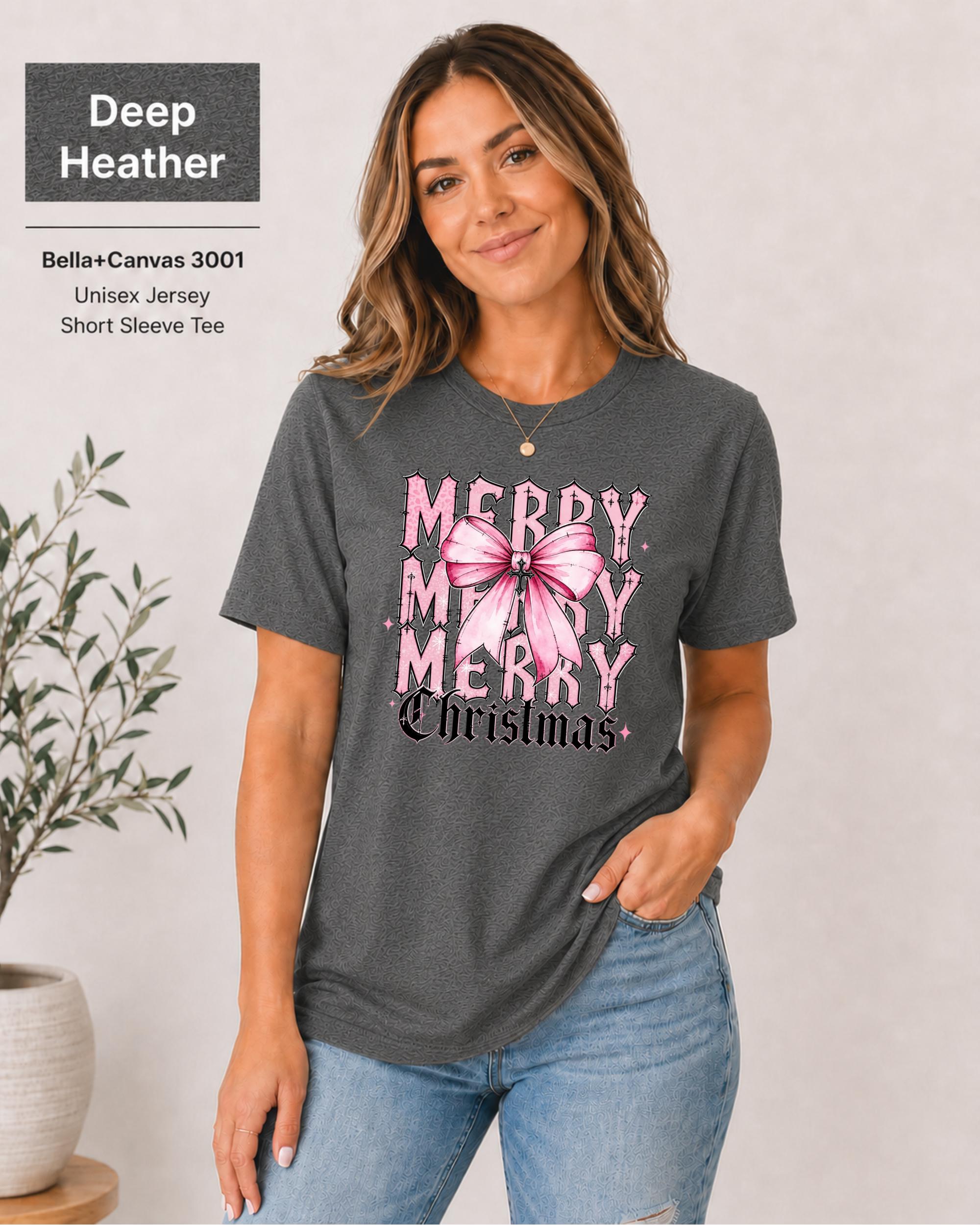 Aesthetic Christmas t-shirt with pink bow design for festive winter outfits