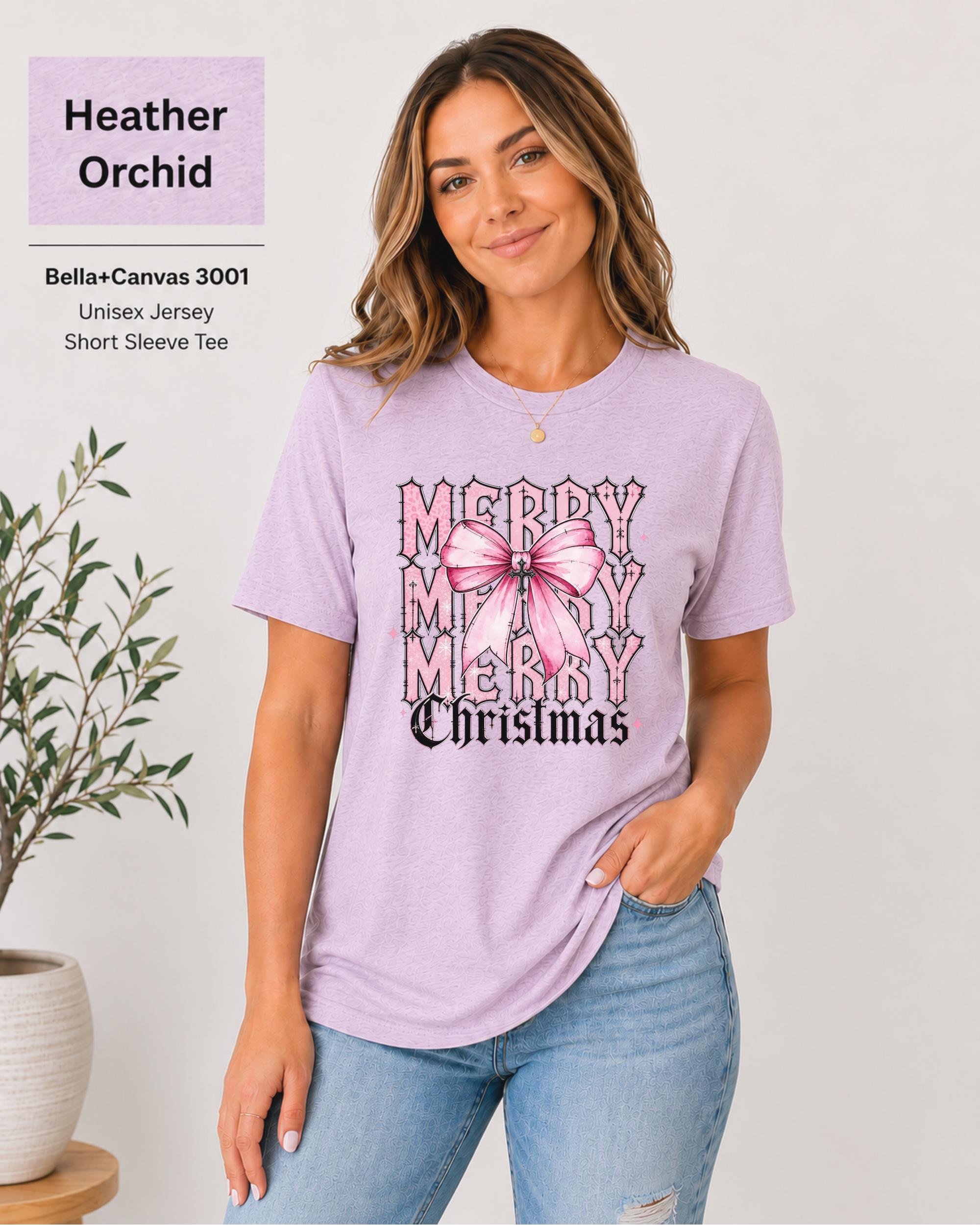 Girly Christmas graphic tee with pink bow and vintage-inspired typography