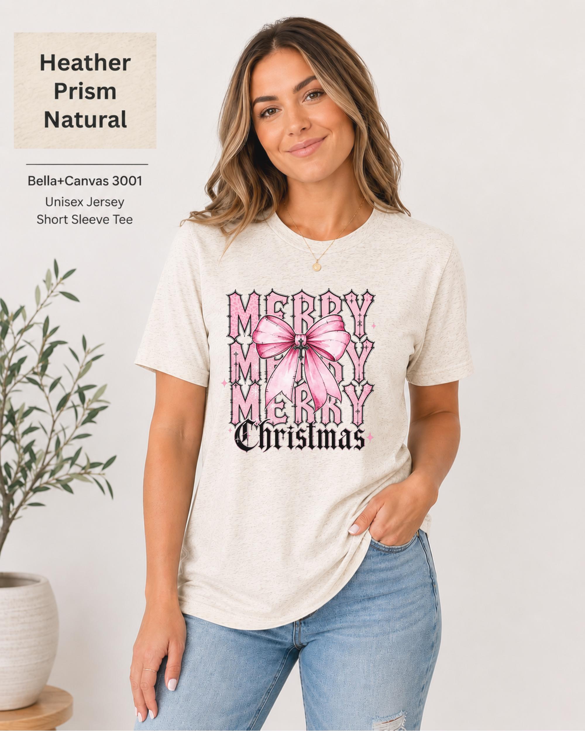 Women's Christmas graphic t-shirt with pink bow and gothic holiday lettering