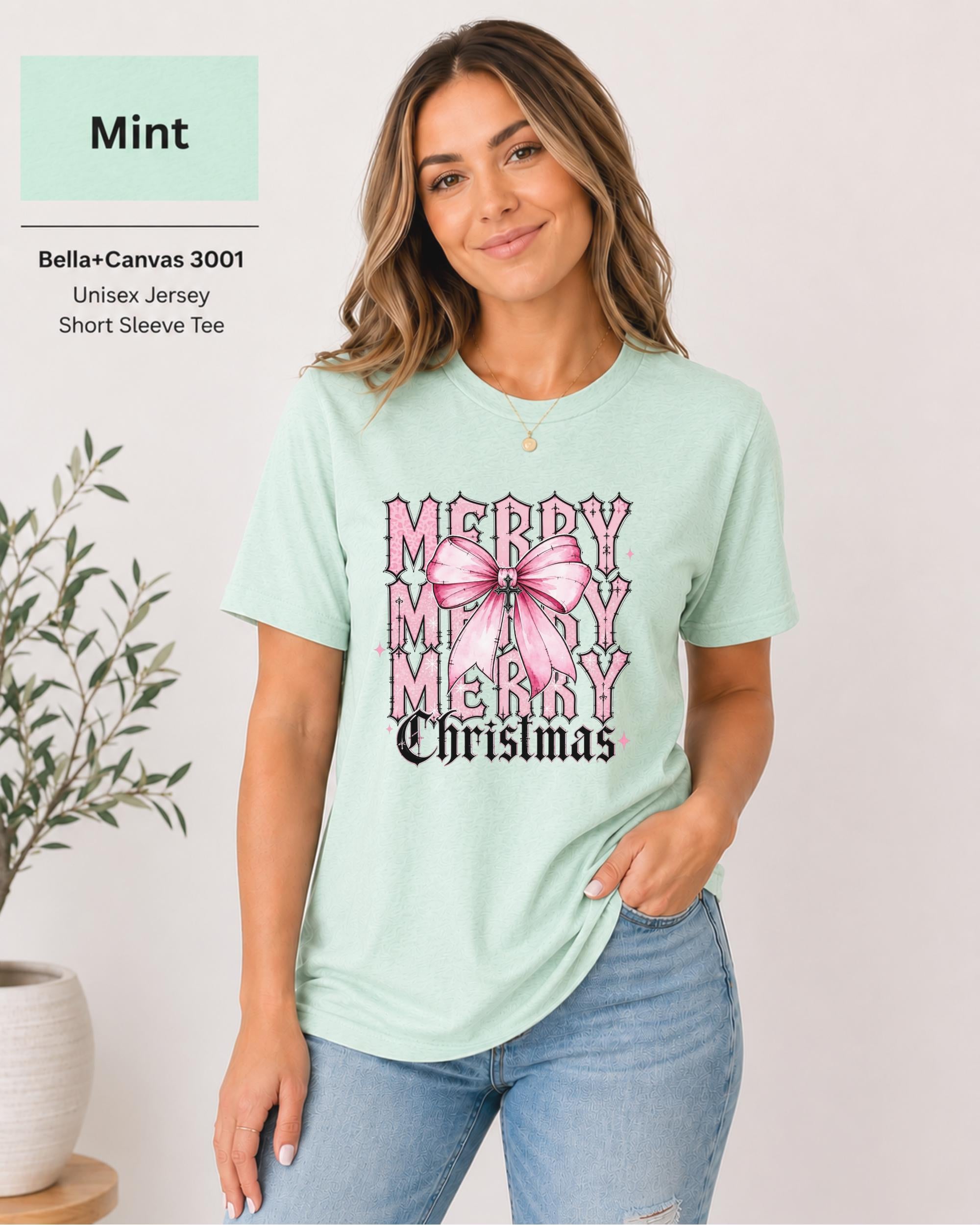 Coquette Christmas shirt featuring pink bow and vintage Merry Christmas graphic