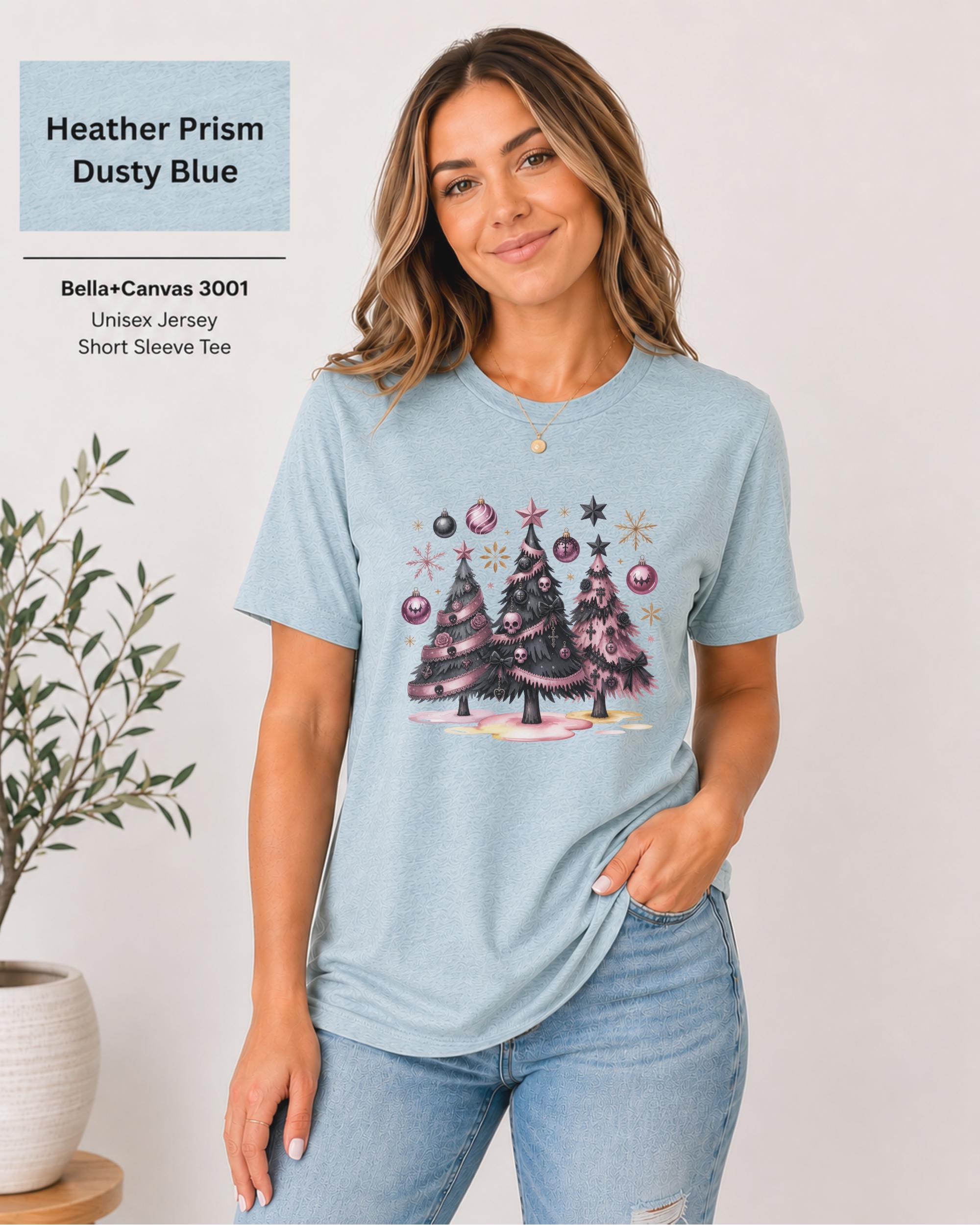Coquette Christmas t-shirt featuring spooky pink tree artwork
