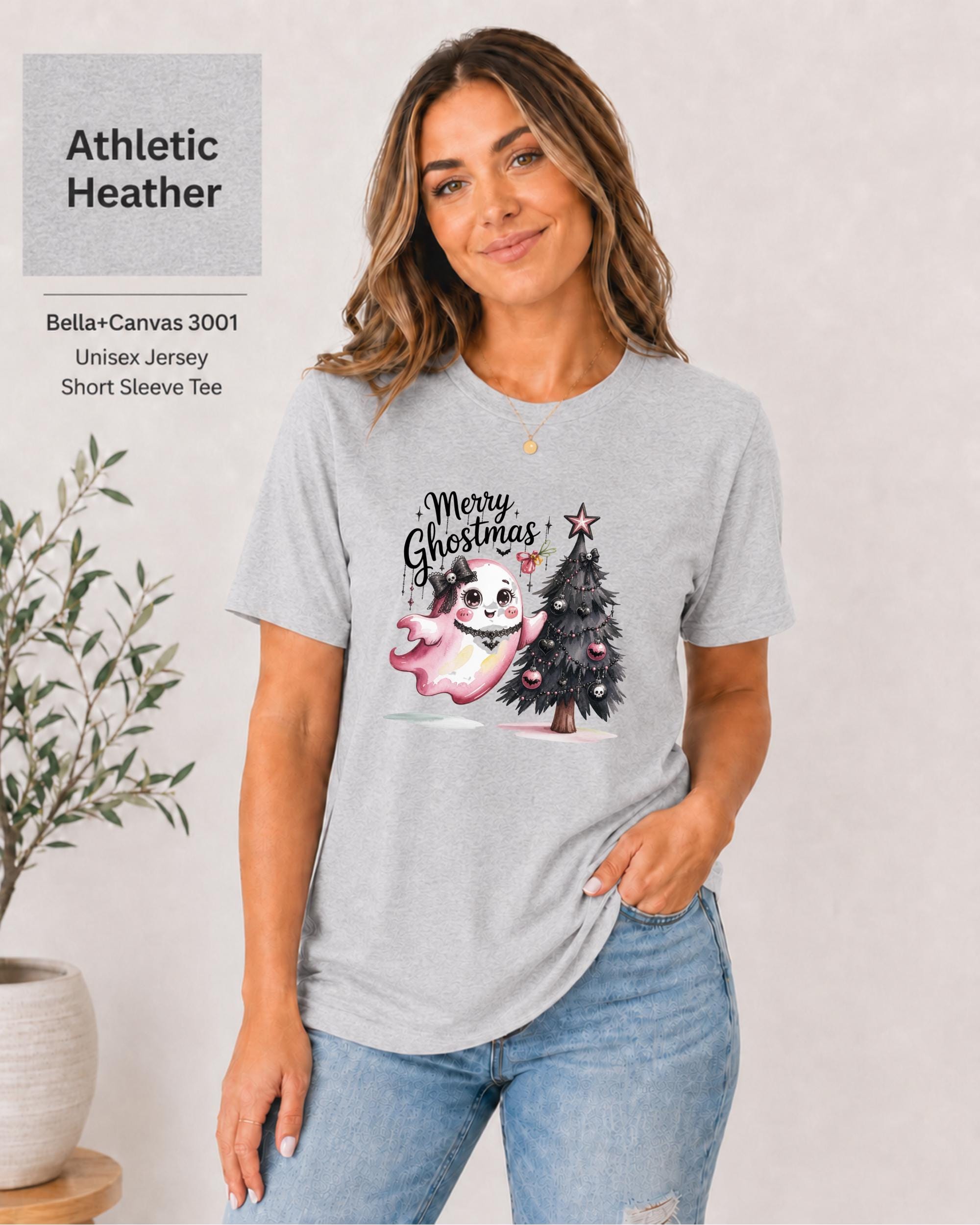 Bella Canvas Atheletic heather shirt featuring adorable ghost holiday design for festive outfits.
