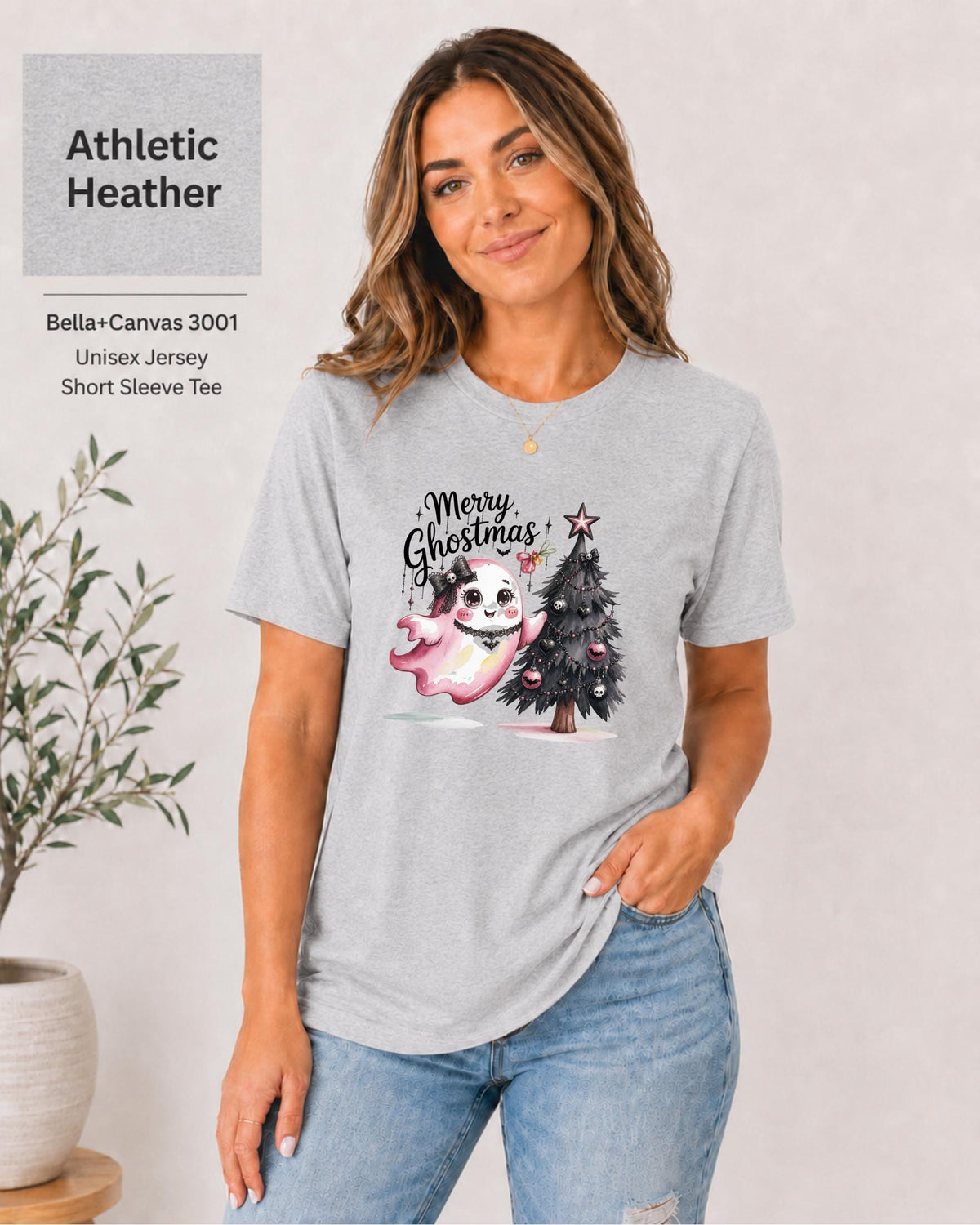 Bella Canvas Atheletic heather shirt featuring adorable ghost holiday design for festive outfits.
