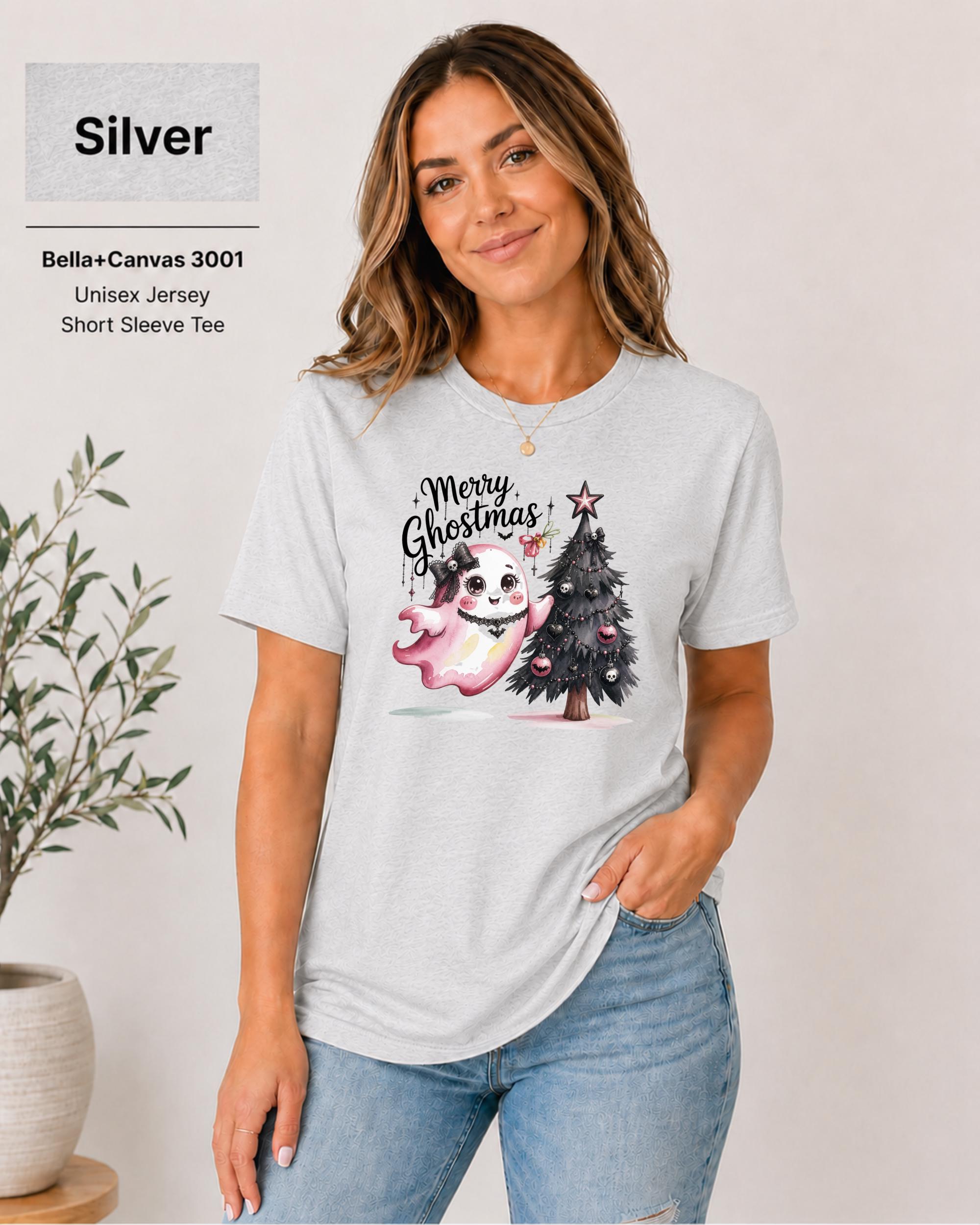 Halloween meets Christmas shirt displayed on silver Bella Canvas 3001 mockup.