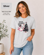 Halloween meets Christmas shirt displayed on silver Bella Canvas 3001 mockup.