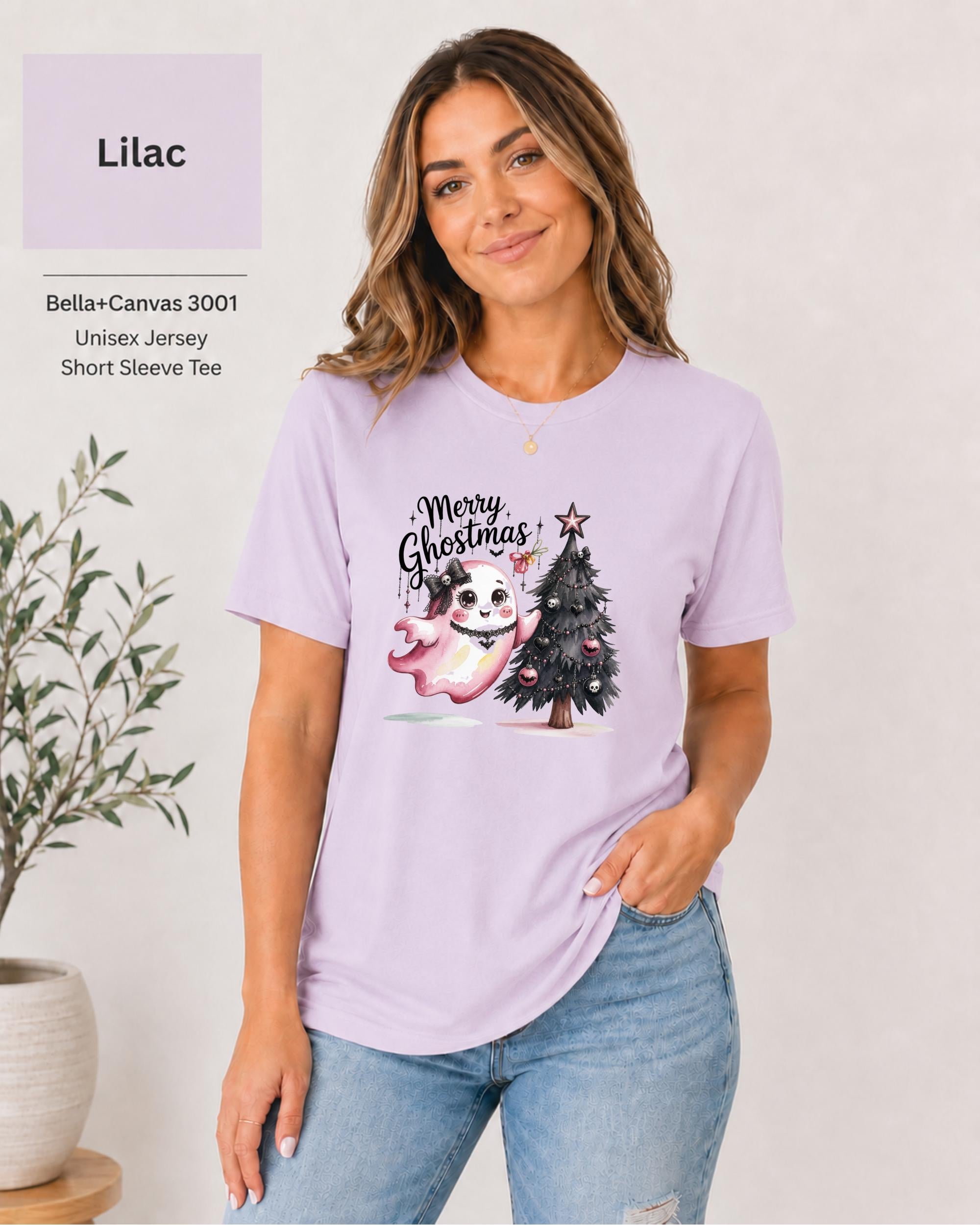Cute Merry Ghostmas Bella Canvas shirt with pastel ghost decorating black Christmas tree.