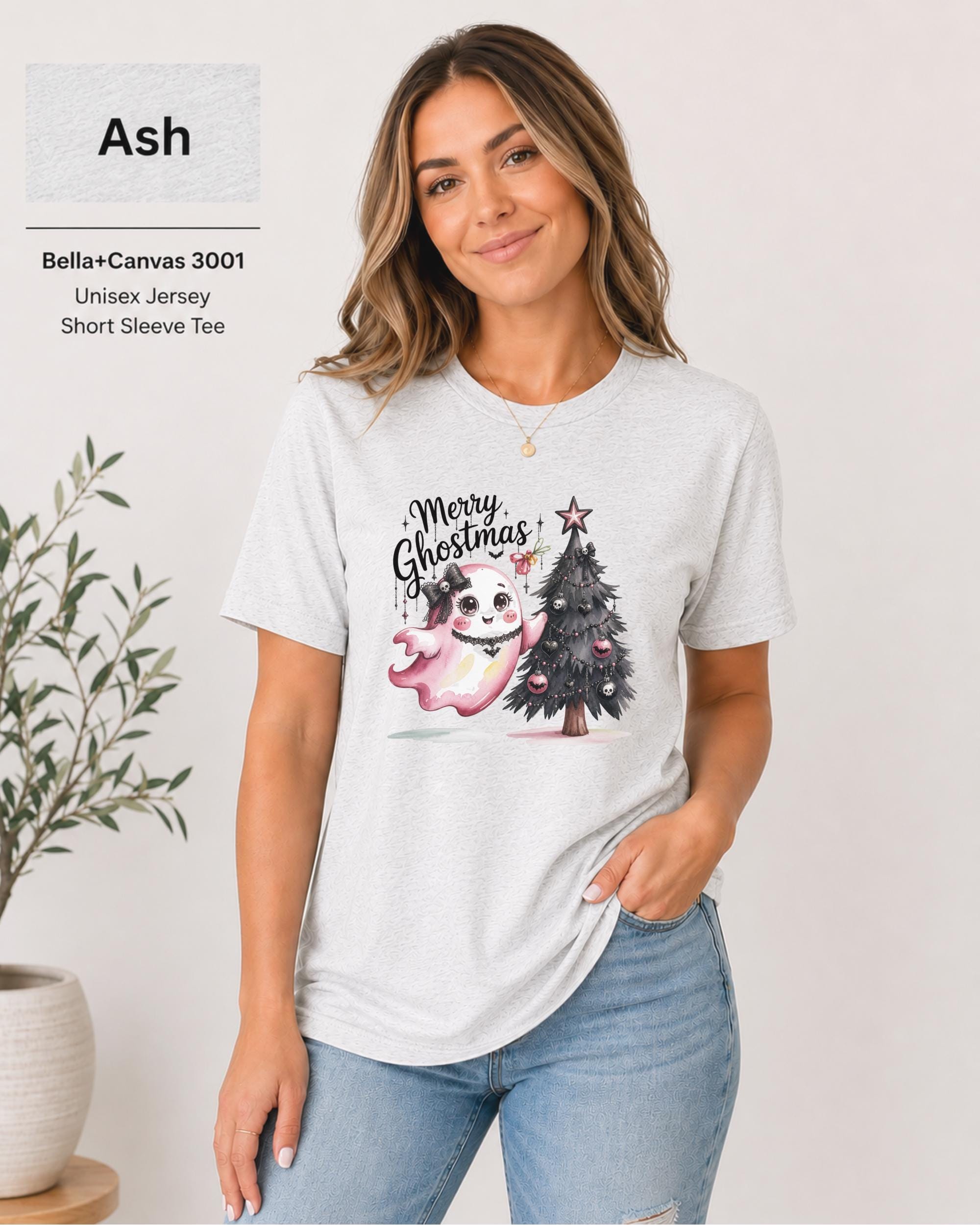Ash Bella Canvas 3001 Merry Ghostmas graphic t-shirt with cute pink ghost and gothic Christmas tree.