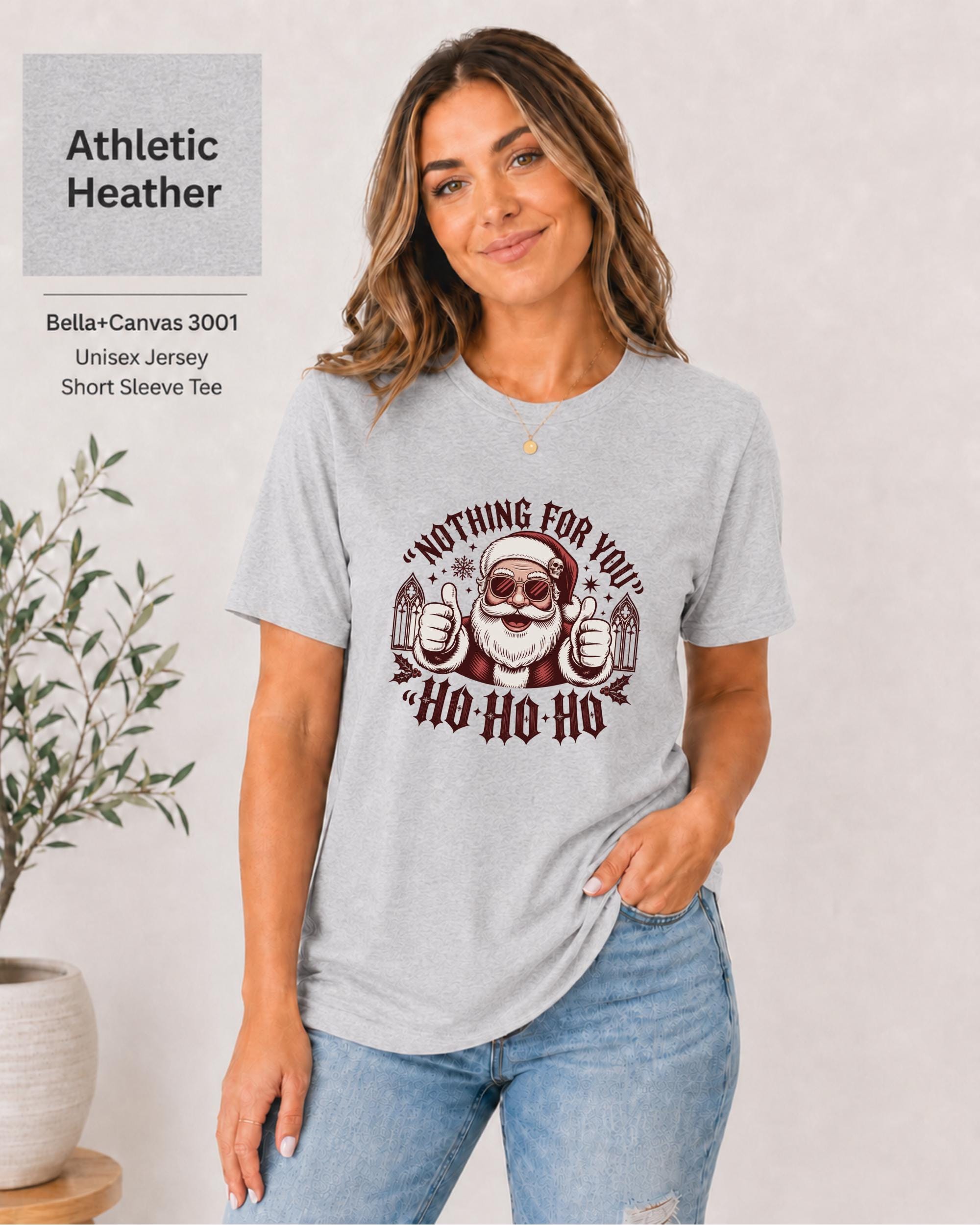 Alternative holiday tee for women featuring bold Santa artwork and dark festive typography.