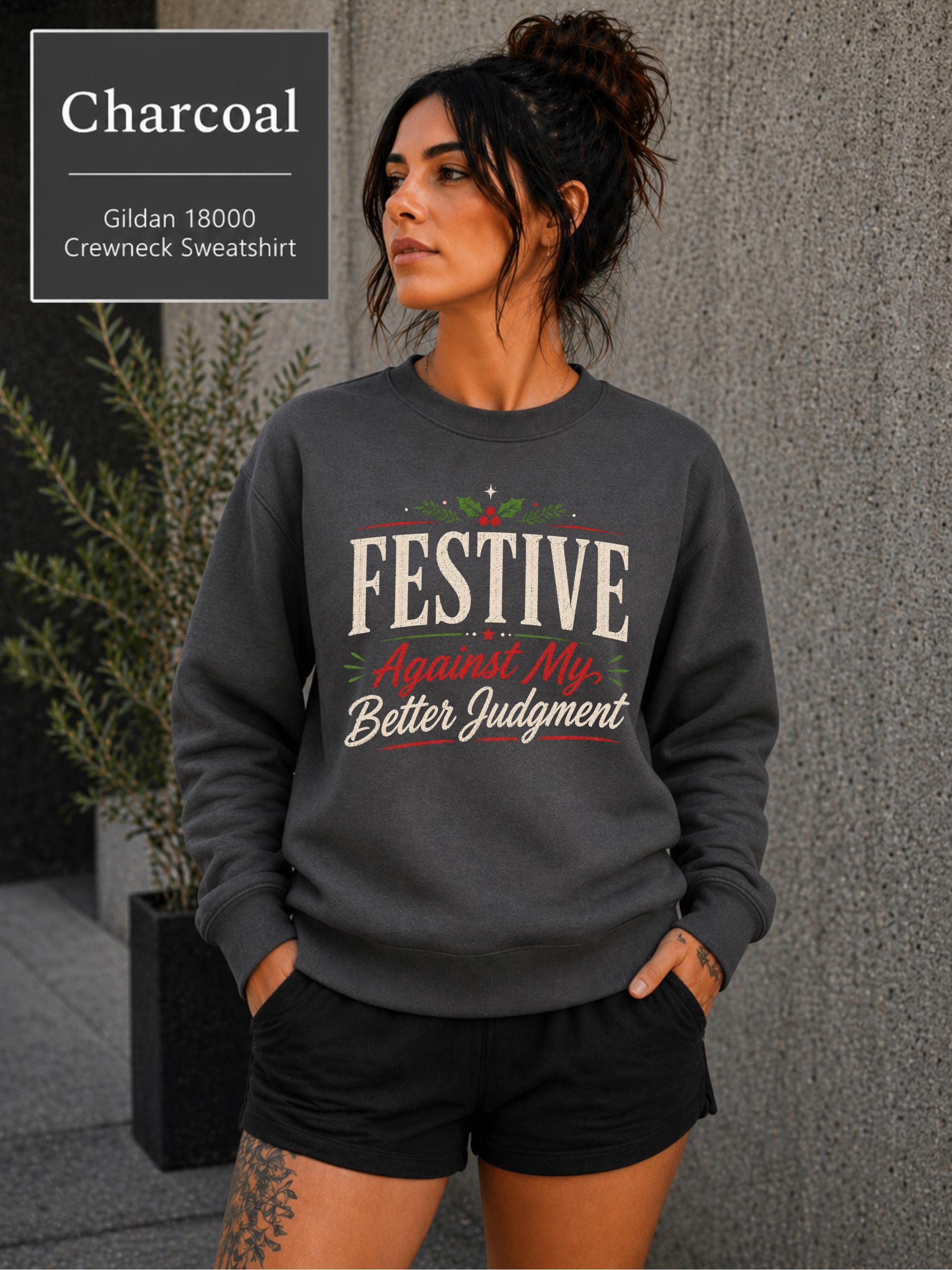 Funny Christmas sweatshirt featuring distressed festive typography in red, green, and cream.