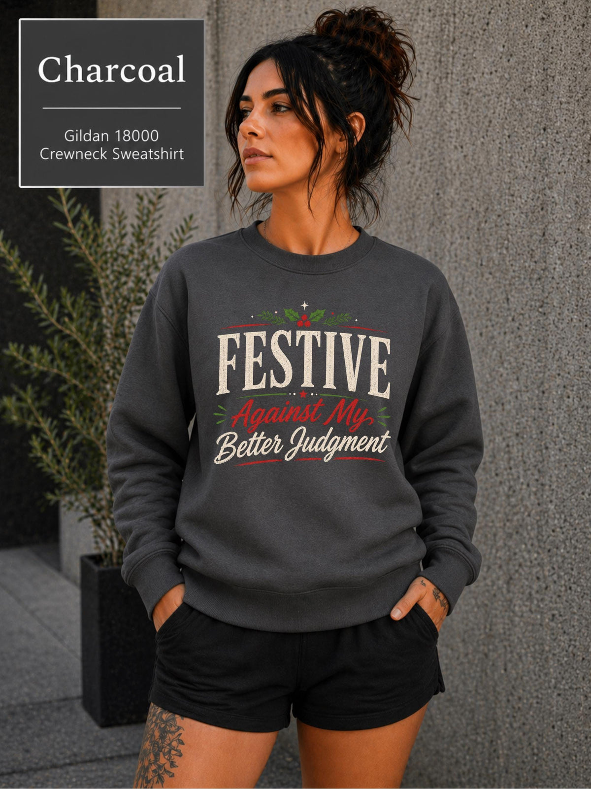 Funny Christmas sweatshirt featuring distressed festive typography in red, green, and cream.