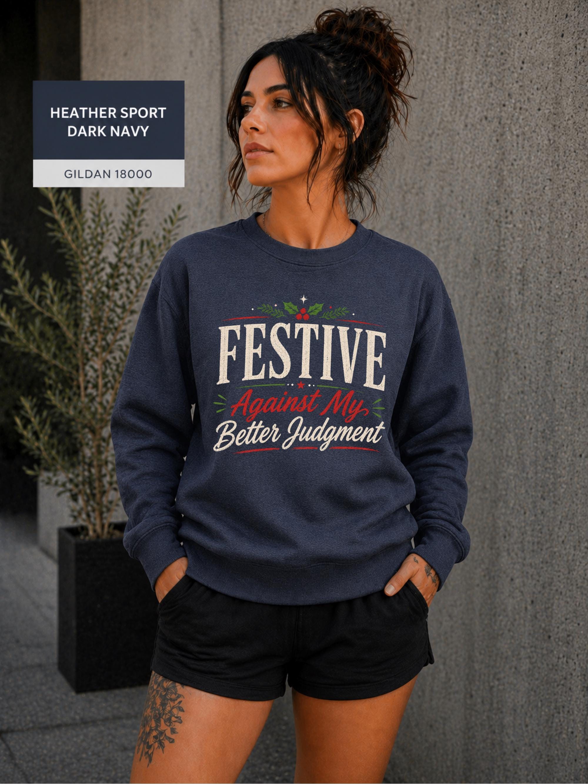 Cozy winter sweatshirt with humorous Christmas quote and vintage-inspired holiday artwork.