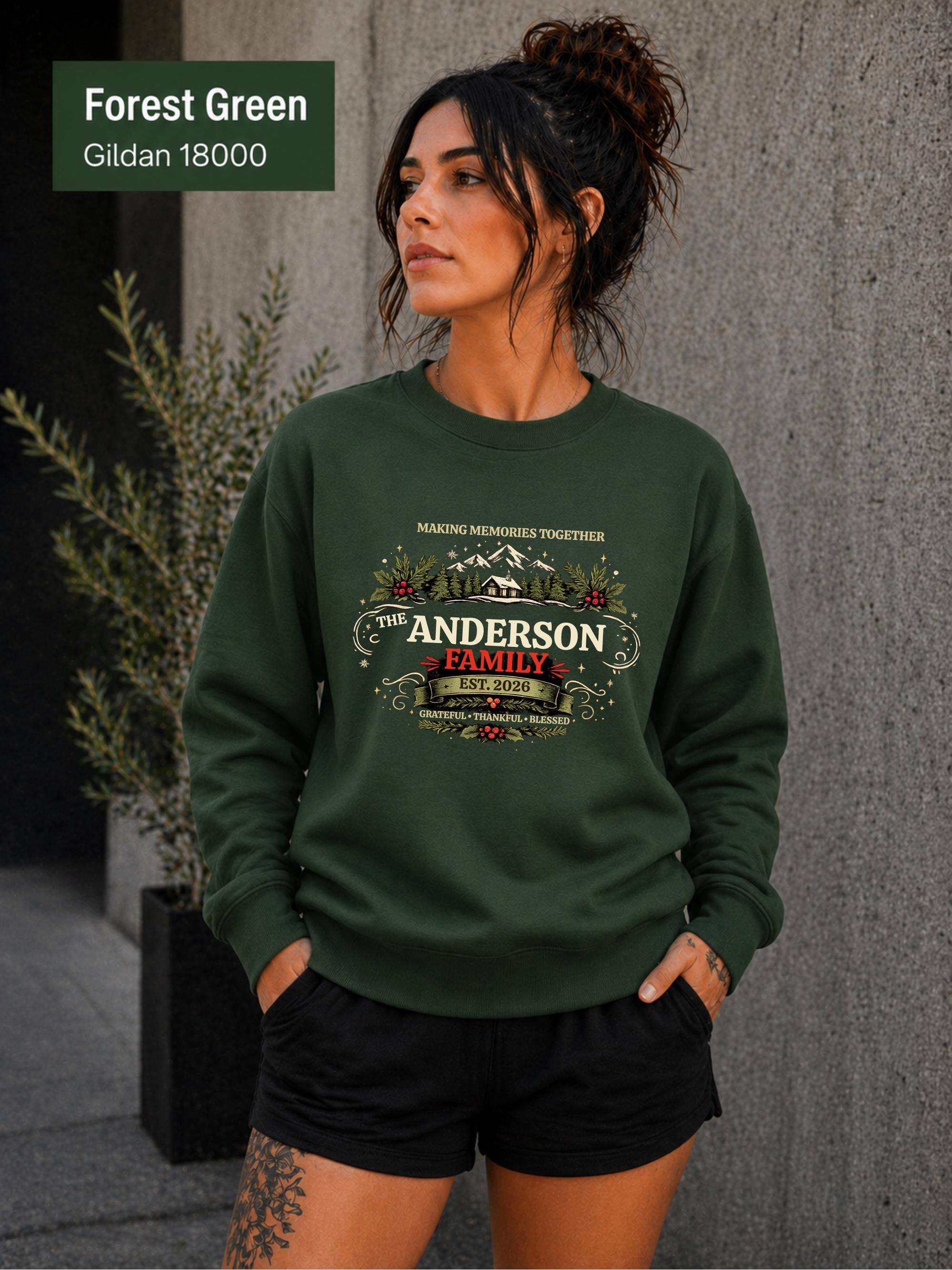 Matching family Christmas outfit featuring custom surname and chosen date.