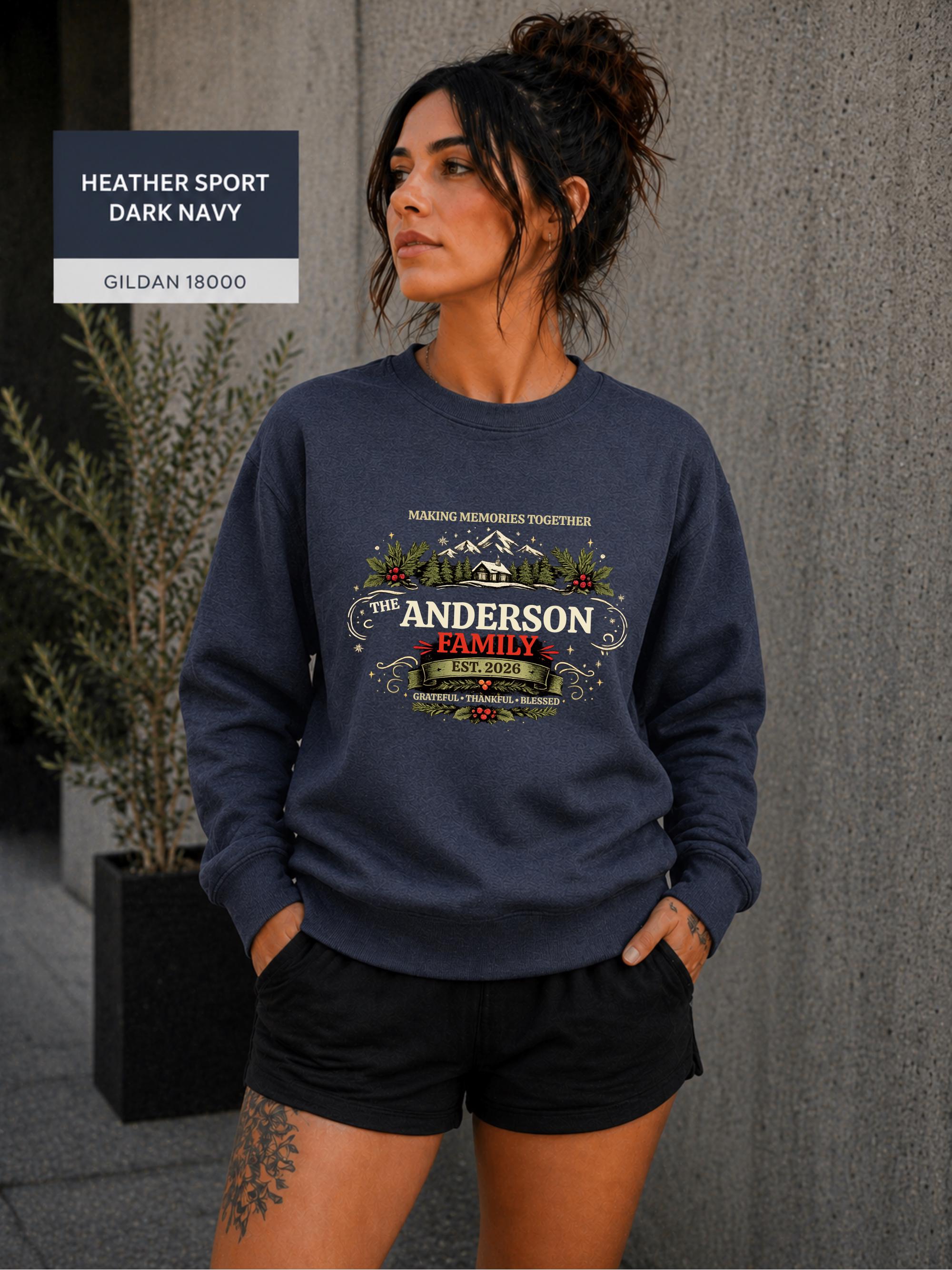 Custom established year crewneck styled with heather sport dark navy shorts in a modern outdoor setting.