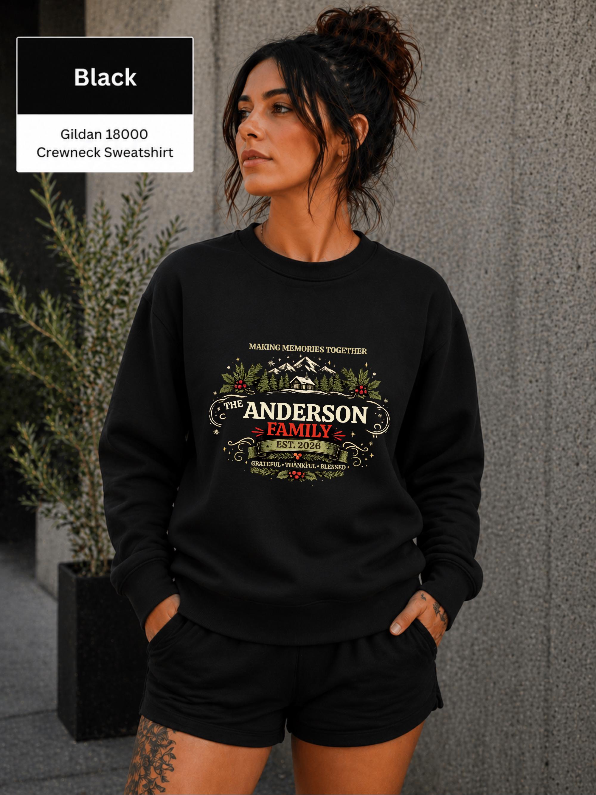 Woman wearing a black Gildan 18000 personalized family Christmas sweatshirt with custom surname and year.