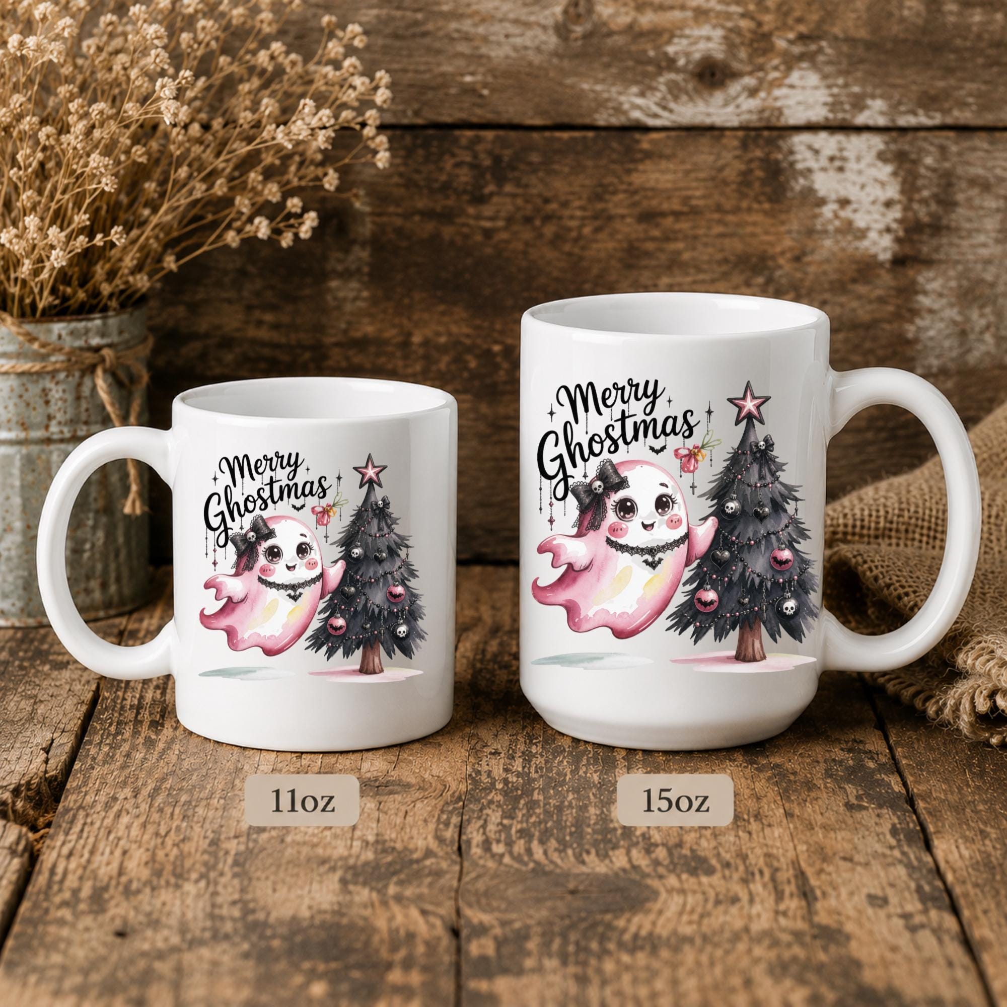 Gothic holiday coffee cup with adorable ghost illustration and festive Christmas design.