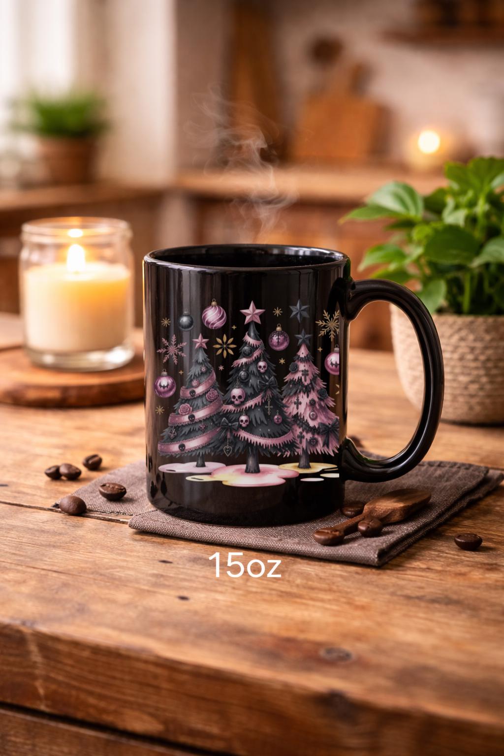 Gothic Christmas coffee mug with pink holiday trees and dark coquette artwork.