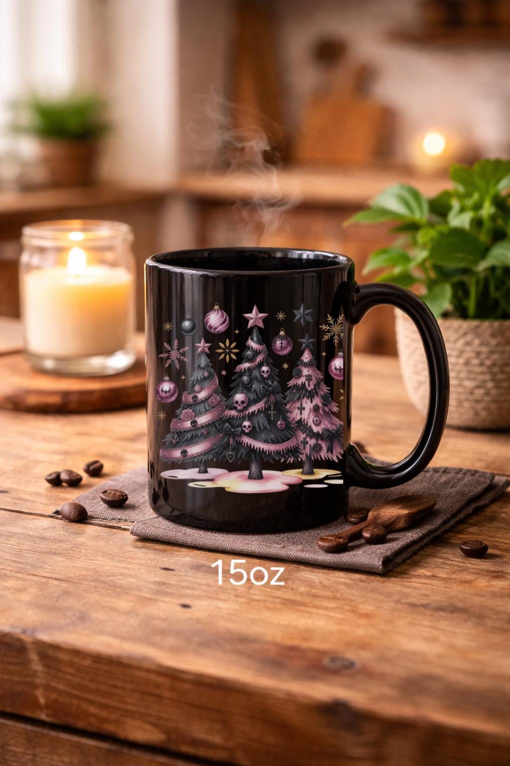 Gothic Christmas coffee mug with pink holiday trees and dark coquette artwork.