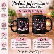 Product information for a Christmas mug with pink gothic tree artwork, perfect for gifting, decorating, or cozy winter mornings.