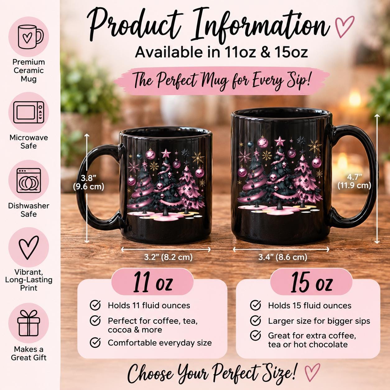 Product information for a Christmas mug with pink gothic tree artwork, perfect for gifting, decorating, or cozy winter mornings.