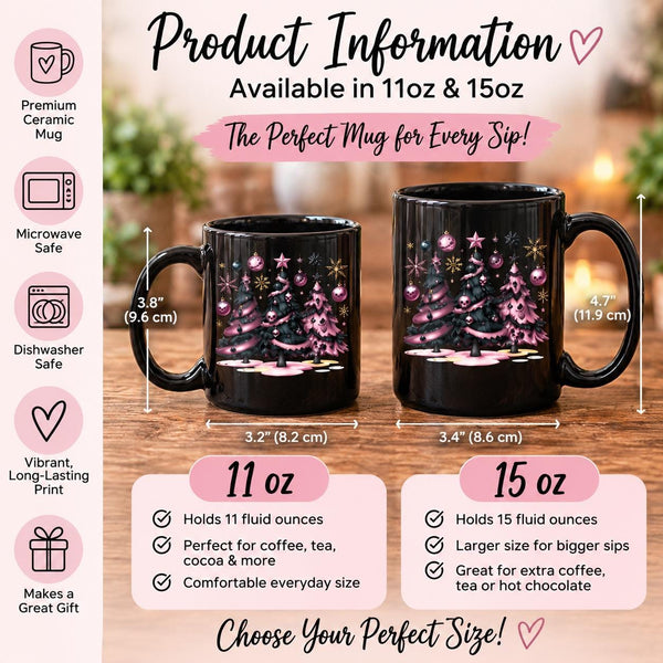 Product information for a Christmas mug with pink gothic tree artwork, perfect for gifting, decorating, or cozy winter mornings.