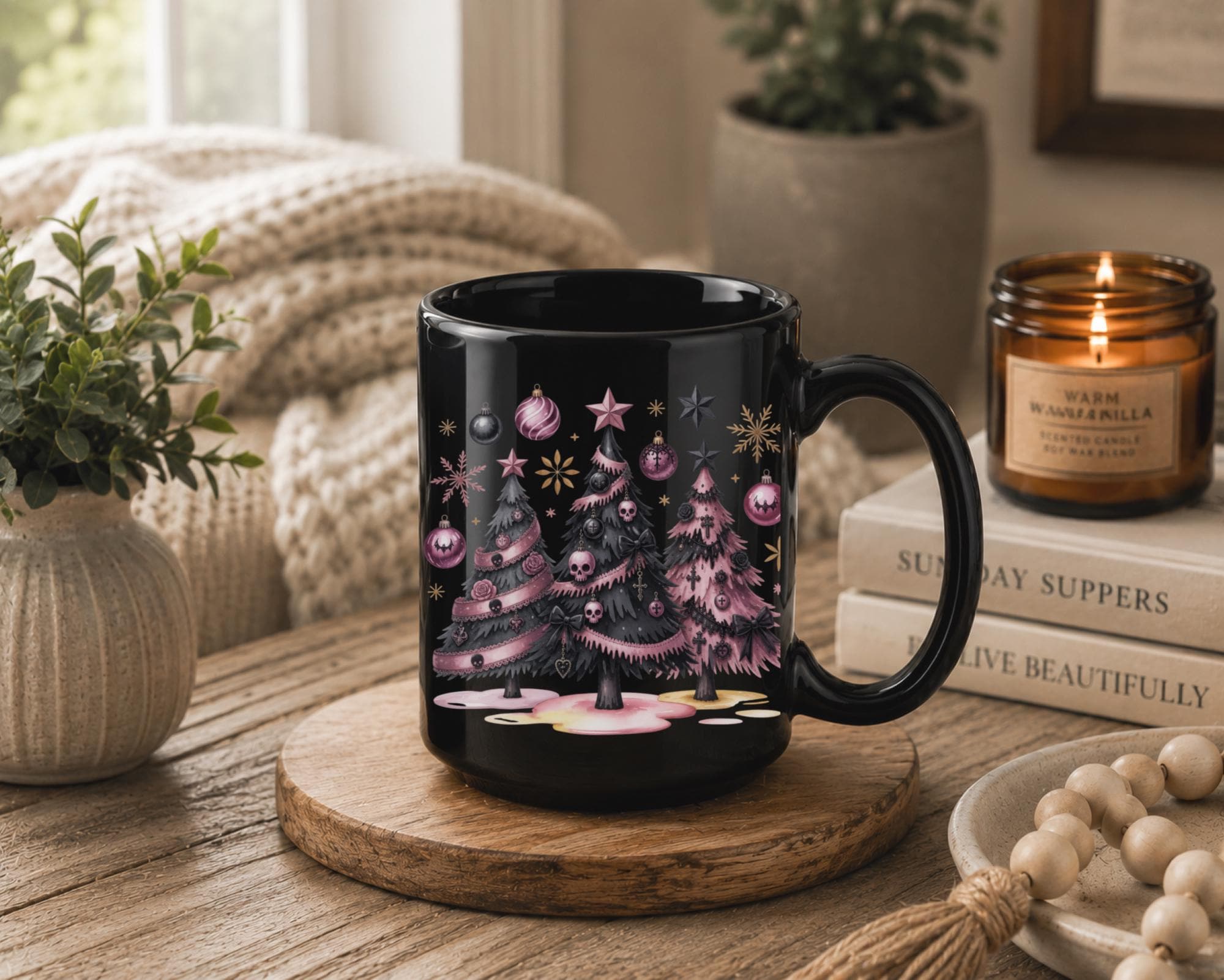 Black ceramic mug featuring pink gothic Christmas trees with skull ornaments in 11 oz and 15 oz sizes.