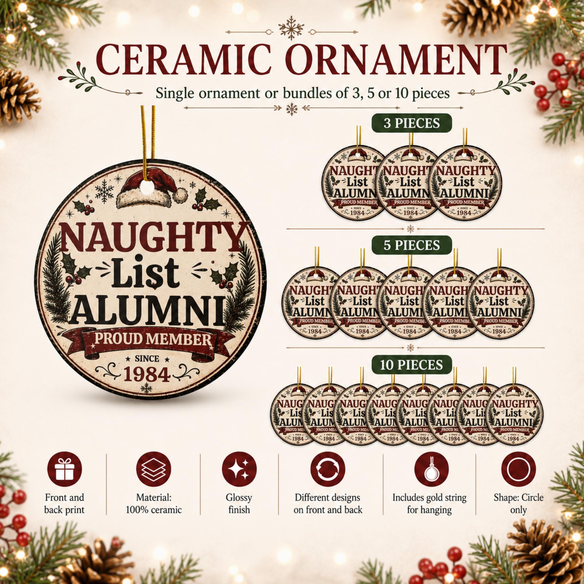 Product information mockup showing Naughty List Alumni ceramic ornament available individually or in bundles of 3, 5, and 10 pieces.