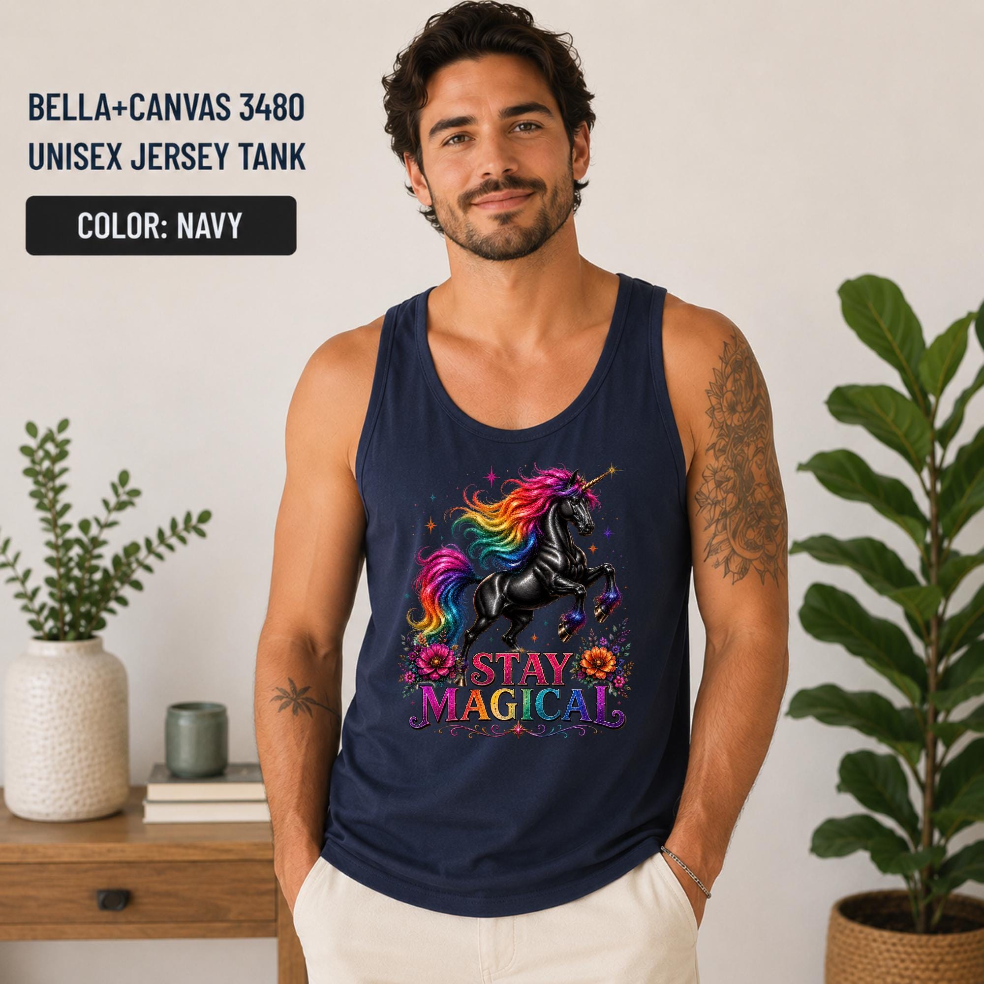 Bella+Canvas 3480 summer tank showcasing a magical unicorn graphic in bright rainbow colors.