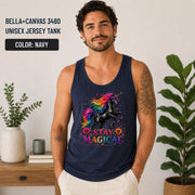 Bella+Canvas 3480 summer tank showcasing a magical unicorn graphic in bright rainbow colors.