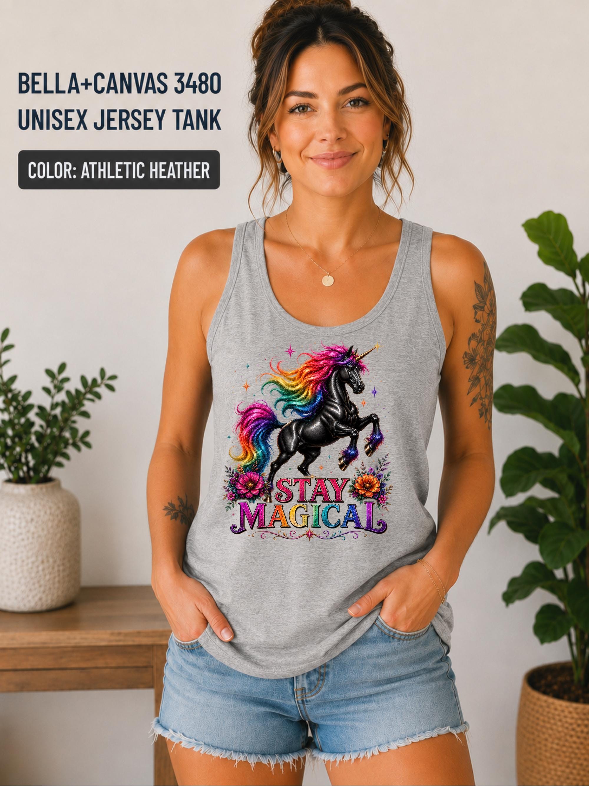 Bella+Canvas 3480 summer tank showcasing a magical unicorn graphic in bright rainbow colors.