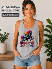 Bella+Canvas 3480 summer tank showcasing a magical unicorn graphic in bright rainbow colors.