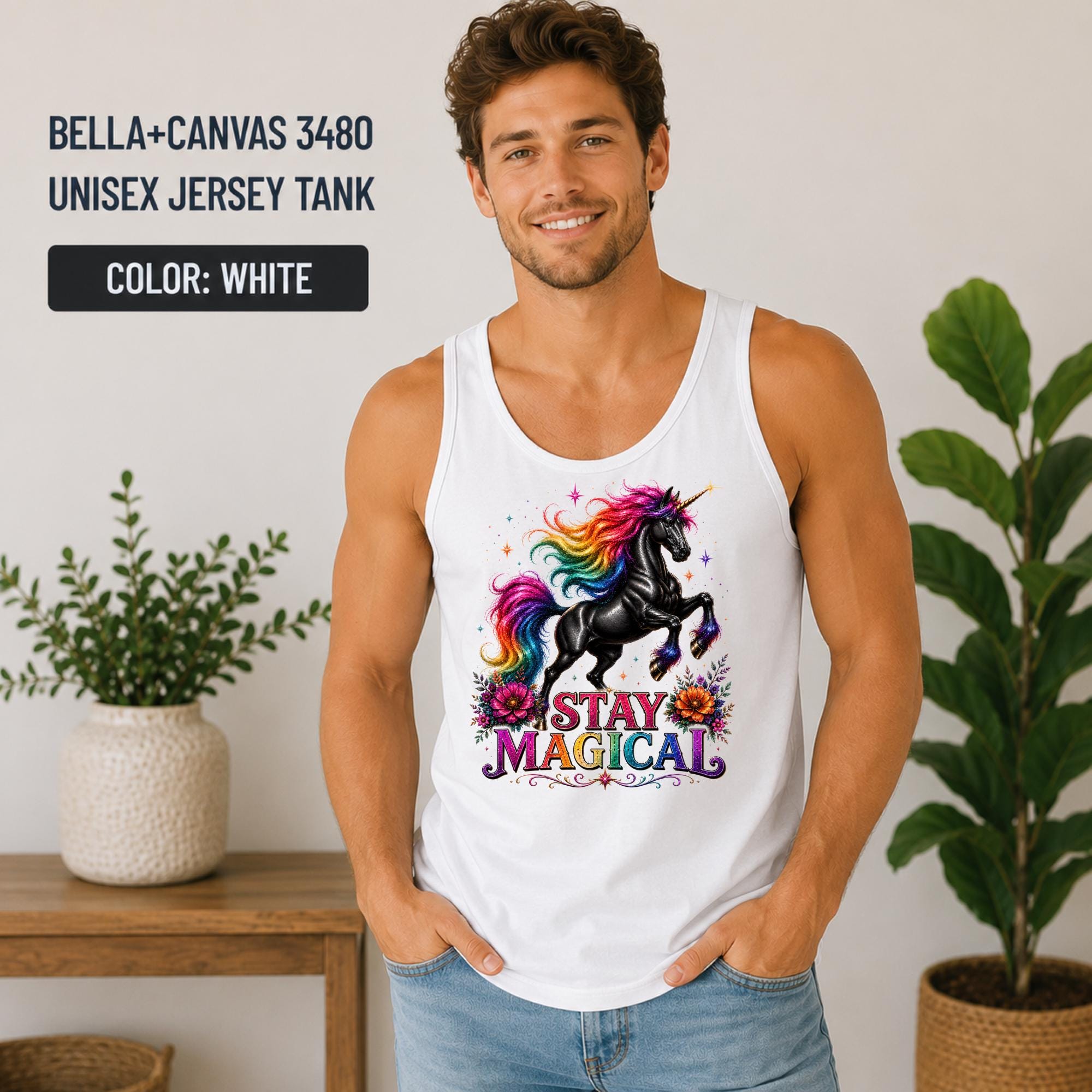 Lightweight unisex jersey tank with fantasy-inspired unicorn artwork, perfect for summer, festivals, and vacations.